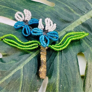 Vintage Beaded Flower Brooch Pin Hand Wired Blue White Green Something Blue Cute